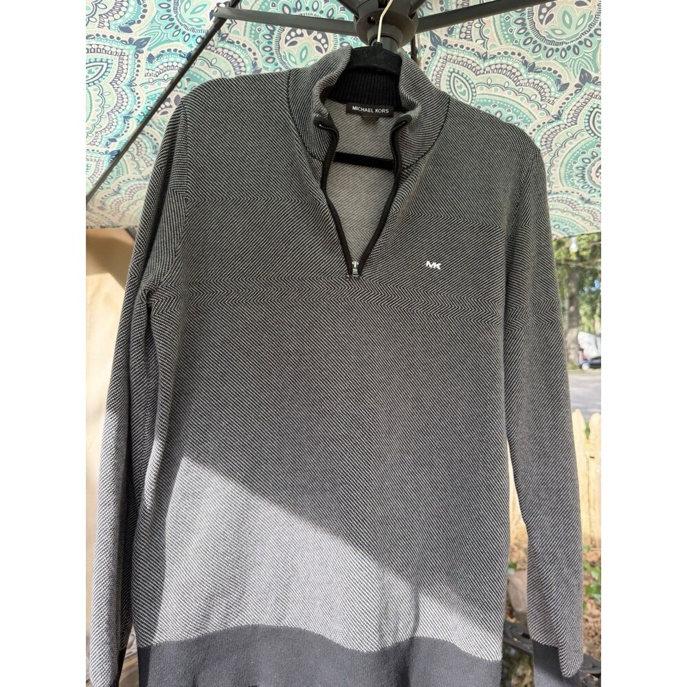 Michael Kors Men’s L Quarter Zip Sweater Black Gray 100% Cotton Pullover MK Logo